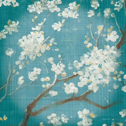 Picture of WHITE CHERRY BLOSSOMS I ON TEAL AGED NO BIRD