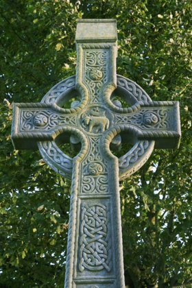 Picture of IRELAND, ROSCOMMON CELTIC CROSS OUTSIDE A CHURCH