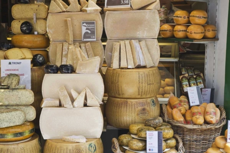 Picture of NETHERLANDS, AMSTERDAM VARIOUS CHEESES DISPLAYED