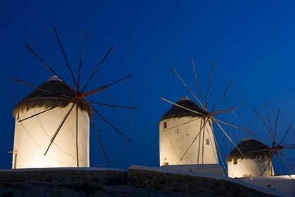 Picture of GREECE, MYKONOS, HORA WINDMILLS LIT AT SUNSET