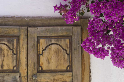 Picture of GREECE, HORA WOODEN DOORWAY AND BOUGAINVILLEA