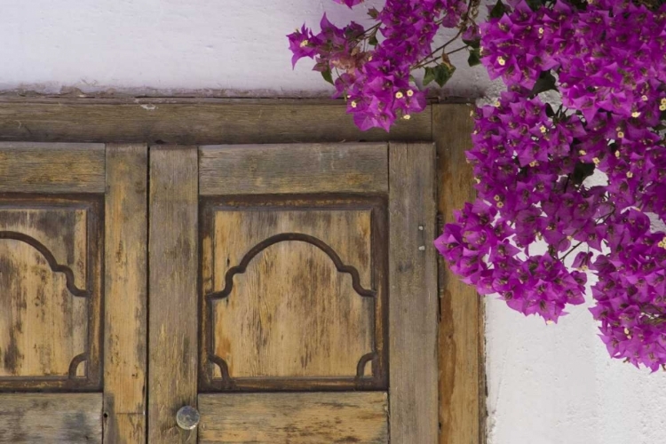 Picture of GREECE, HORA WOODEN DOORWAY AND BOUGAINVILLEA