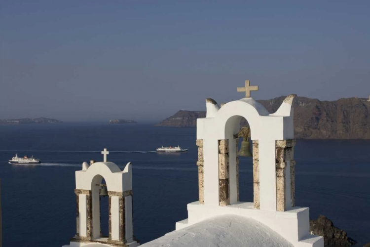 Picture of GREECE, THIRA, OIA BAY SCENIC WITH BELL TOWER