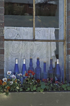 Picture of WA, PALOUSE ROW OF BLUE BOTTLES AND FLOWERS
