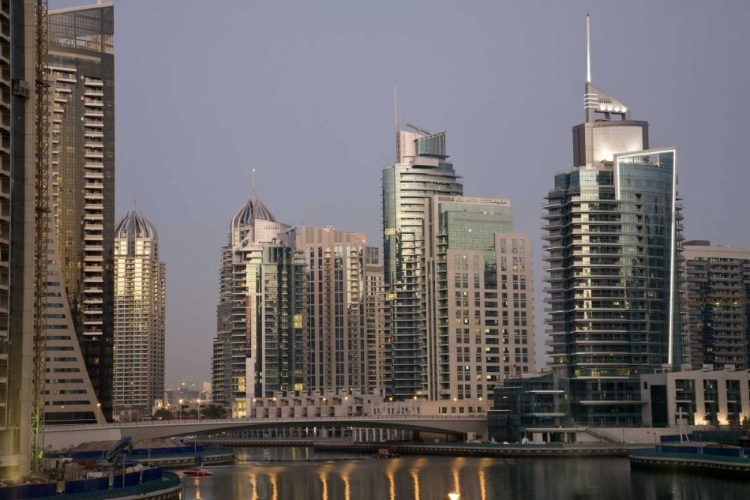 Picture of UAE, DUBAI TOWER LIGHTS REFLECT ON MARINA WATER