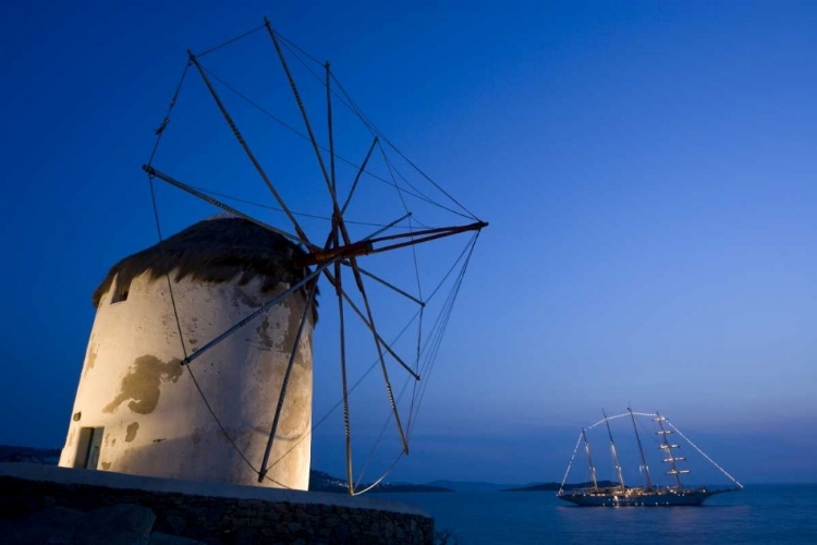 Picture of GREECE, MYKONOS, HORA WINDMILL AND LUXURY YACHT