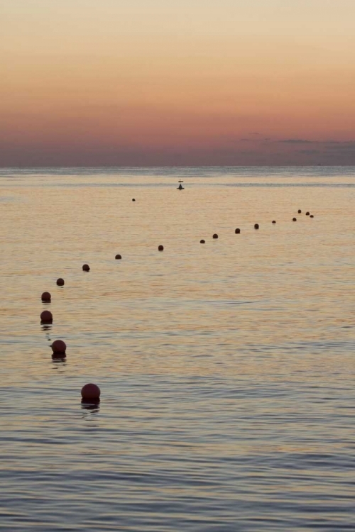 Picture of UAE, FUJAIRAH SUNRISE OVER MARKER BUOYS ON BEACH