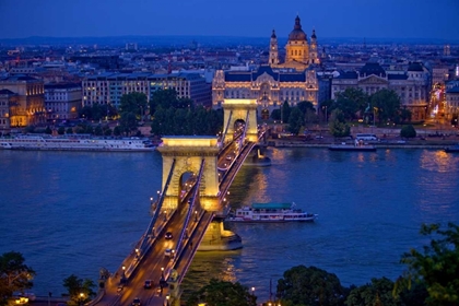 Picture of HUNGARY, BUDAPEST CHAIN BRIDGE LIT AT NIGHT