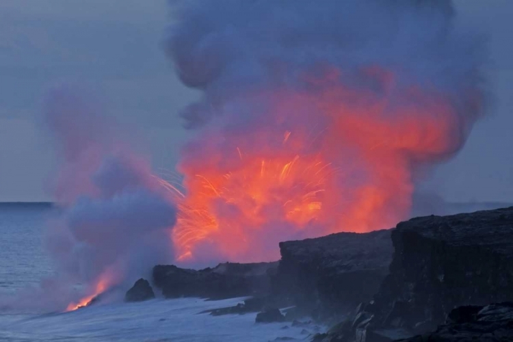 Picture of HI, HAWAII VOLCANOES NP LAVA EXPLODES BY OCEAN