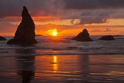 Picture of USA, OREGON, BANDON BEACH SUNSET AND SEA STACKS