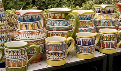 Picture of ITALY, POSITANO CERAMIC PITCHERS AND MUGS