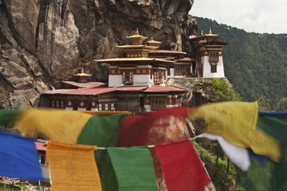 Picture of BHUTAN PRAYER FLAGS HANG NEAR TAKTSHANG