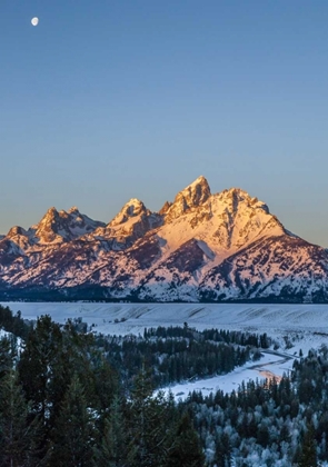 Picture of WY, GRAND TETONS MOON OVER LANDSCAPE AT SUNRISE