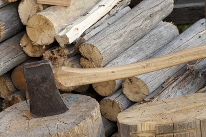 Picture of CANADA, BC, FORT STEELE AXE AND WOODPILE