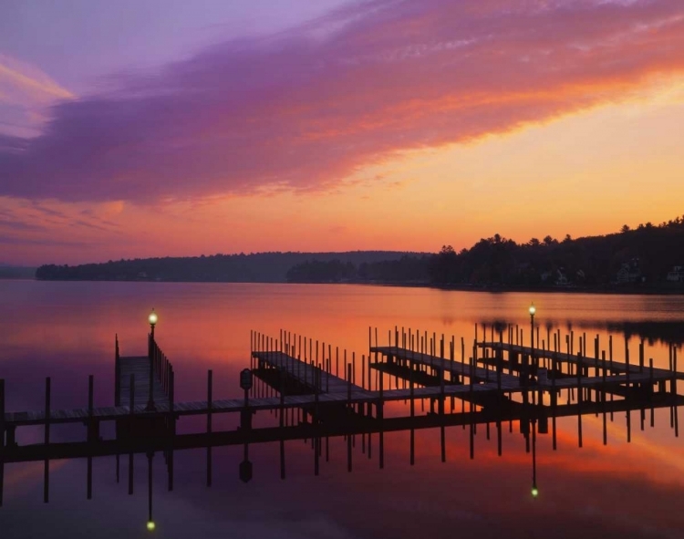 Picture of NH, SUNRISE OVER LAKE WINNIPESAUKEE DOCK