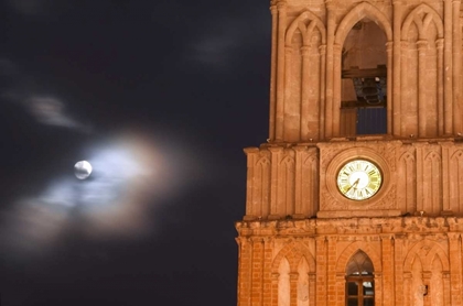Picture of MEXICO, EVENING SKY WITH MOON AND CHURCH CLOCK