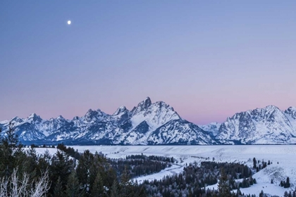 Picture of WYOMING, GRAND TETONS MOON OVER WINTER LANDSCAPE