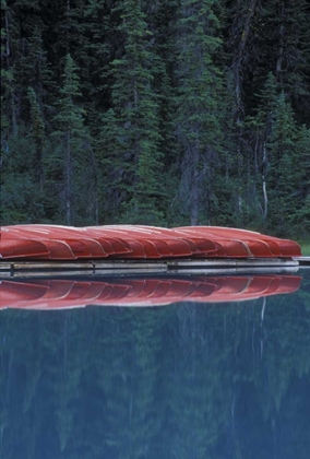 Picture of CANADA, ALBERTA CANOES LINE THE LAKE LOUISE