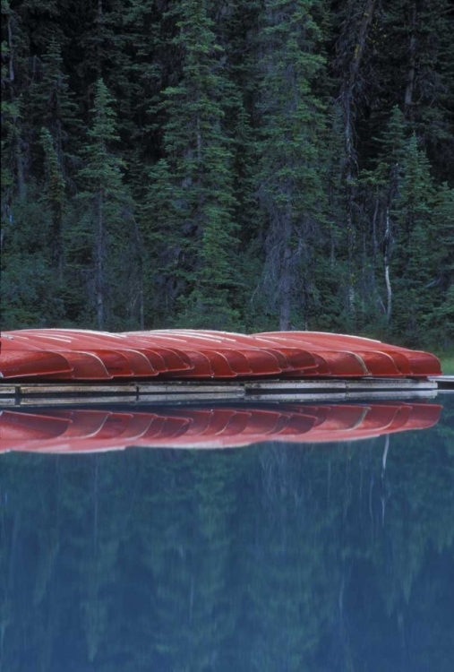 Picture of CANADA, ALBERTA CANOES LINE THE LAKE LOUISE