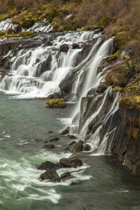 Picture of ICELAND, HRAUNFOSSAR WATERFALL OVER ROCKS