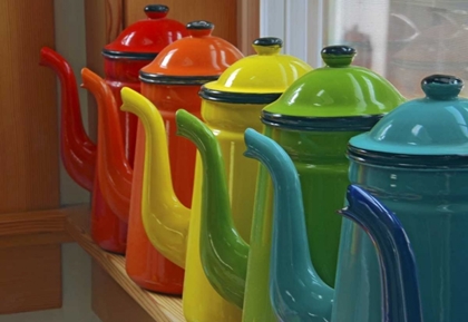 Picture of COFFEE POTS IN ORDERLY ROW ON WINDOW SILL