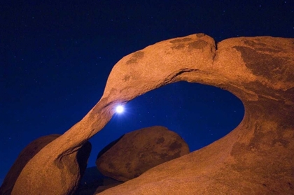 Picture of CA, ALABAMA HILLS ROCK ARCH AND MOON AT NIGHT