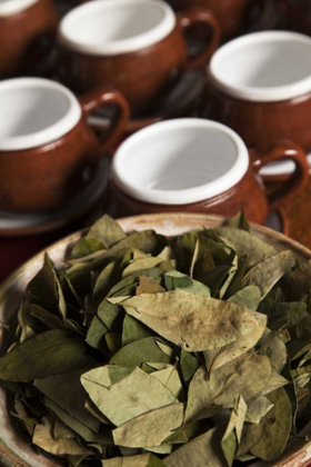 Picture of PERU, CUZCO BOWL OF COCA LEAVES AND TEA CUPS