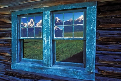 Picture of WY, GRAND TETONS REFLECTING IN WINDOWS AT SUNRISE