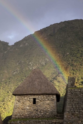 Picture of RAINBOW OVER HUT AT SUNSET, MACHU PICCHU, PERU