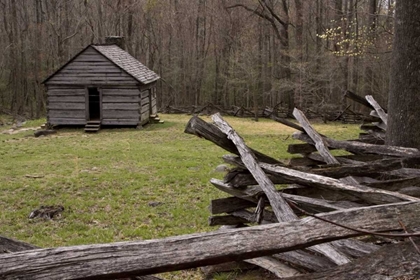 Picture of TN, GREAT SMOKY MTS ABANDONED CABIN AND FENCE