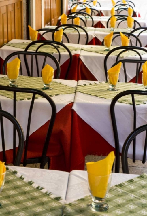 Picture of ITALY, VENICE COLORFULLY PREPARED CAFE TABLES