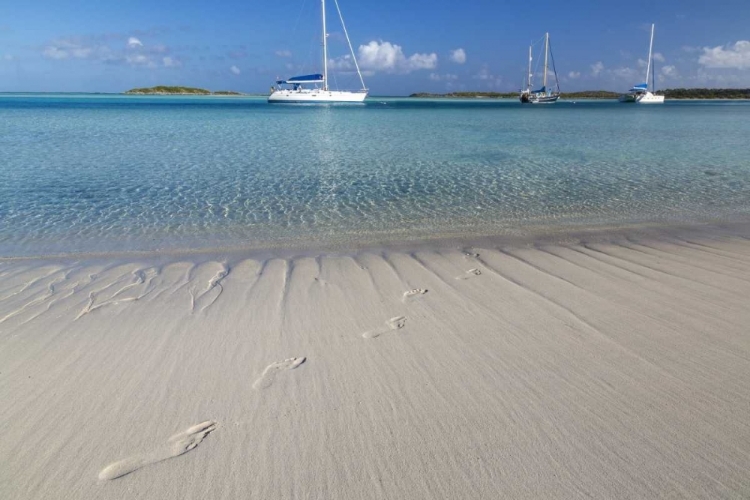 Picture of BAHAMAS, EXUMA ISLAND FOOTPRINTS AND SAILBOATS