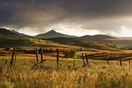 Picture of CO, SAN JUAN MTS LANDSCAPE AND FENCE AT SUNSET