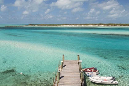 Picture of BAHAMAS, EXUMA ISLAND PIER AND MOORED BOATS