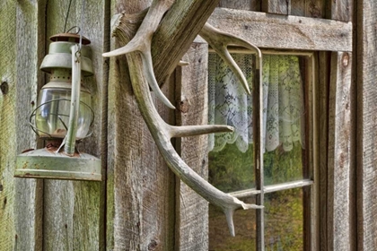 Picture of WA, STEHEKIN ANTLERS AND LANTERN OUTSIDE A CABIN