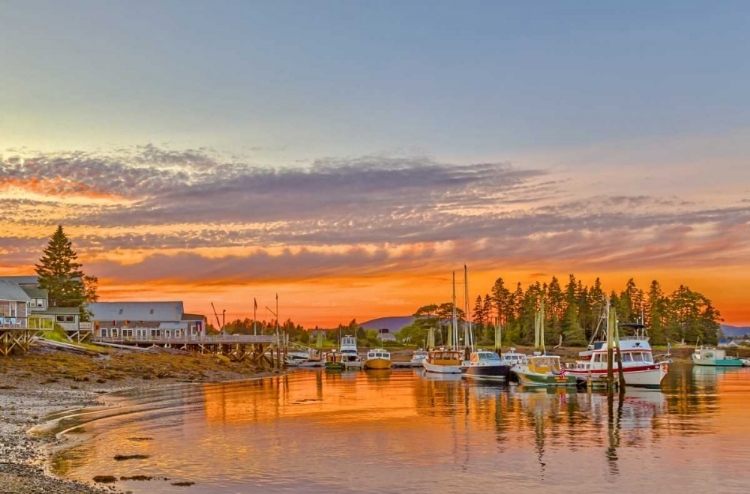 Picture of ME, ACADIA BOATS REST IN HARBOR AT SUNSET