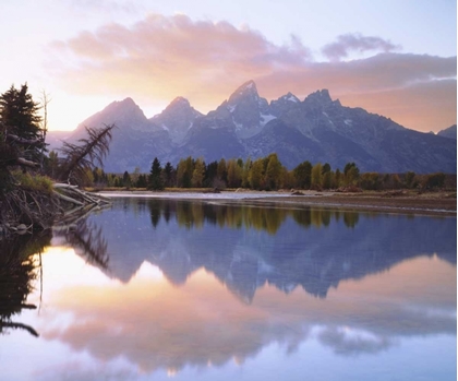 Picture of WY, GRAND TETONS REFLECTING IN THE SNAKE RIVER