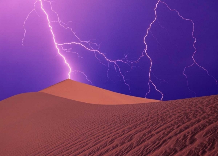 Picture of CA, DEATH VALLEY NP, LIGHTNING BOLTS OVER DUNES