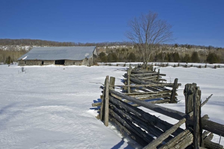 Picture of CANADA, SHEGUINDAH FENCE AND BARN IN WINTER