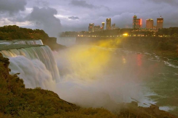 Picture of NY, NIAGARA FALLS AT DUSK WITH COLORED LIGHTS