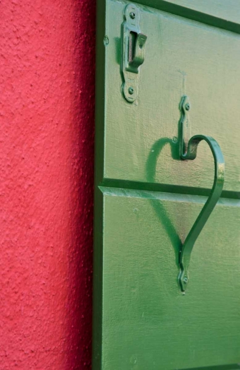 Picture of ITALY, BURANOGREEN SHUTTER ON A RED WALL