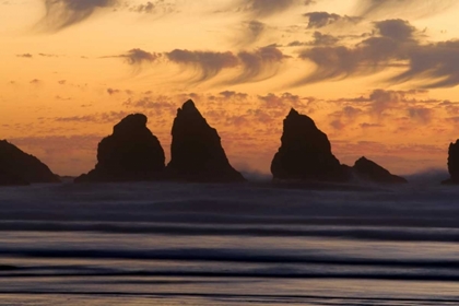 Picture of OR, BANDON SUNSET SILHOUETTE OF THE SEA STACKS
