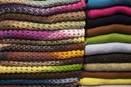 Picture of PERU, AGUAS CALIENTES STACK OF TEXTILE OF WOOL