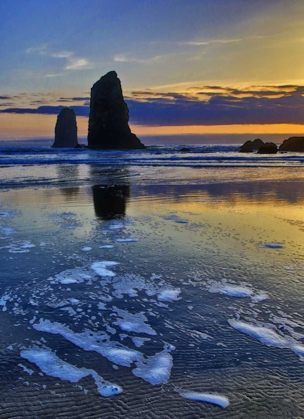 Picture of OR, CANNON BEACH SUNSET ON THE SENTINELS