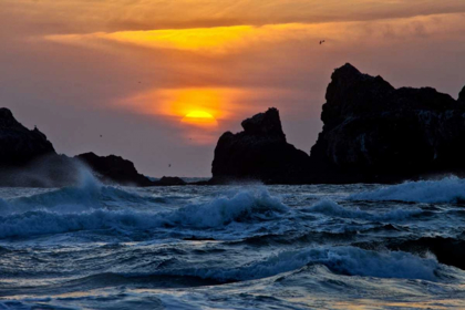 Picture of USA, OREGON, BANDON SUNSET OVER SEA STACKS