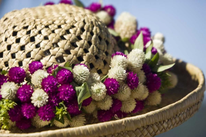 Picture of FRENCH POLYNESIA, TAHAA DETAIL OF FLOWERED HAT