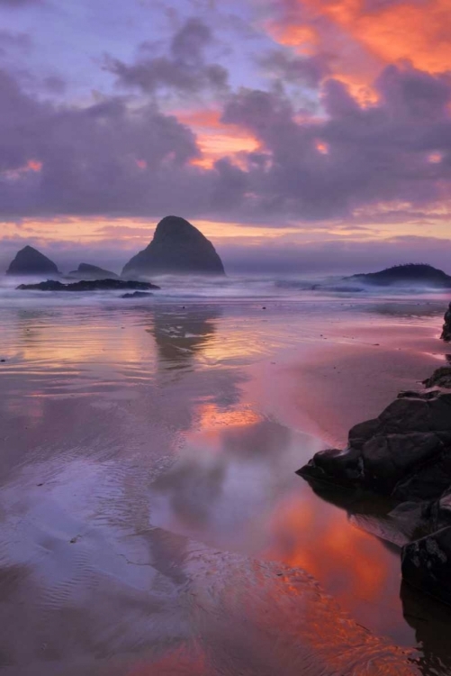 Picture of OREGON, OCEANSIDE SUNSET ON BEACH AND SEA STACKS
