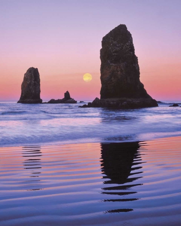 Picture of OR, CANNON BEACH MOONSET AT THE NEEDLES MONOLITH