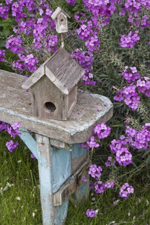 Picture of BIRD HOUSES ON BENCH NEXT TO GARDEN FLOWERS