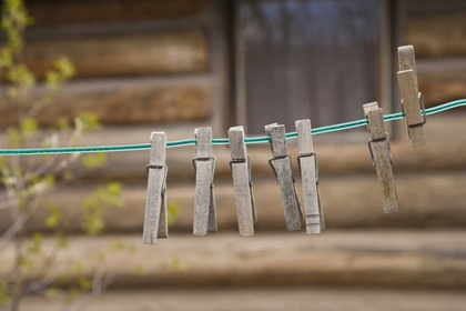 Picture of MT, CLOTHES PINS ON A CLOTHESLINE BY A LOG CABIN